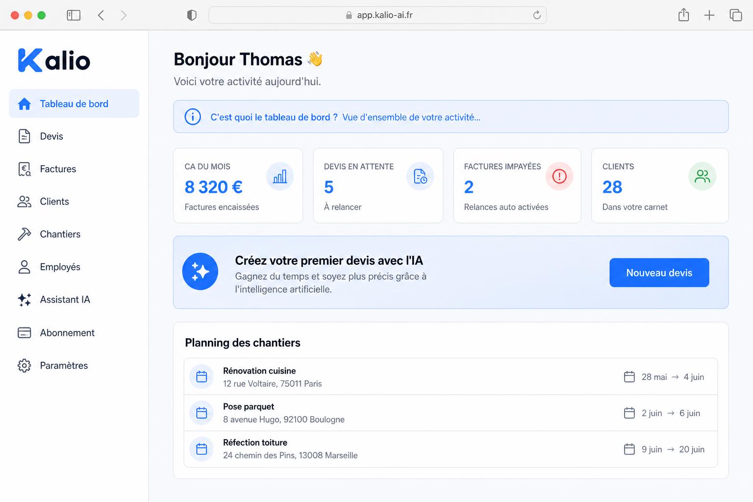 Aperçu du tableau de bord Kalio : devis, factures, chantiers et clients